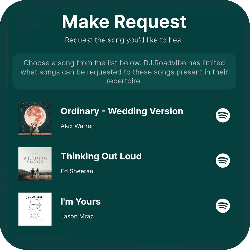 Rekwest repertoire screen restricting song requests to a chosen party playlist