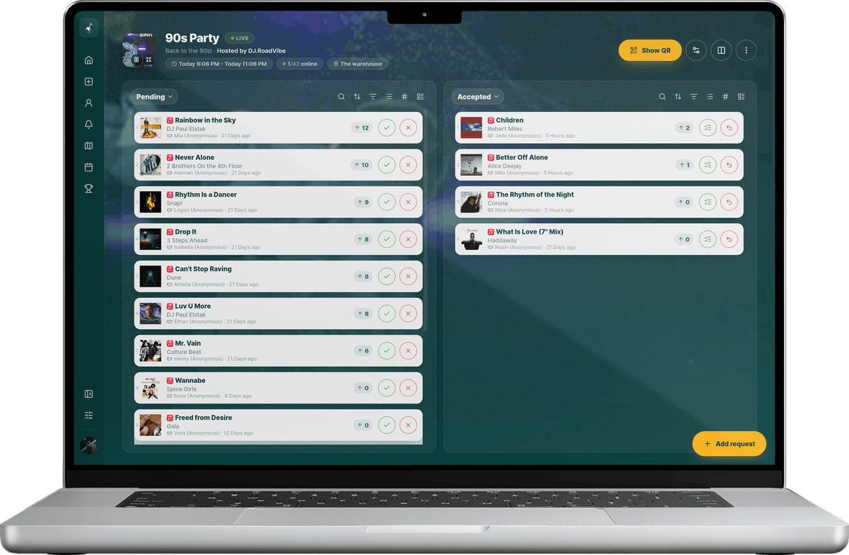 The Rekwest app shown on a MacBook
