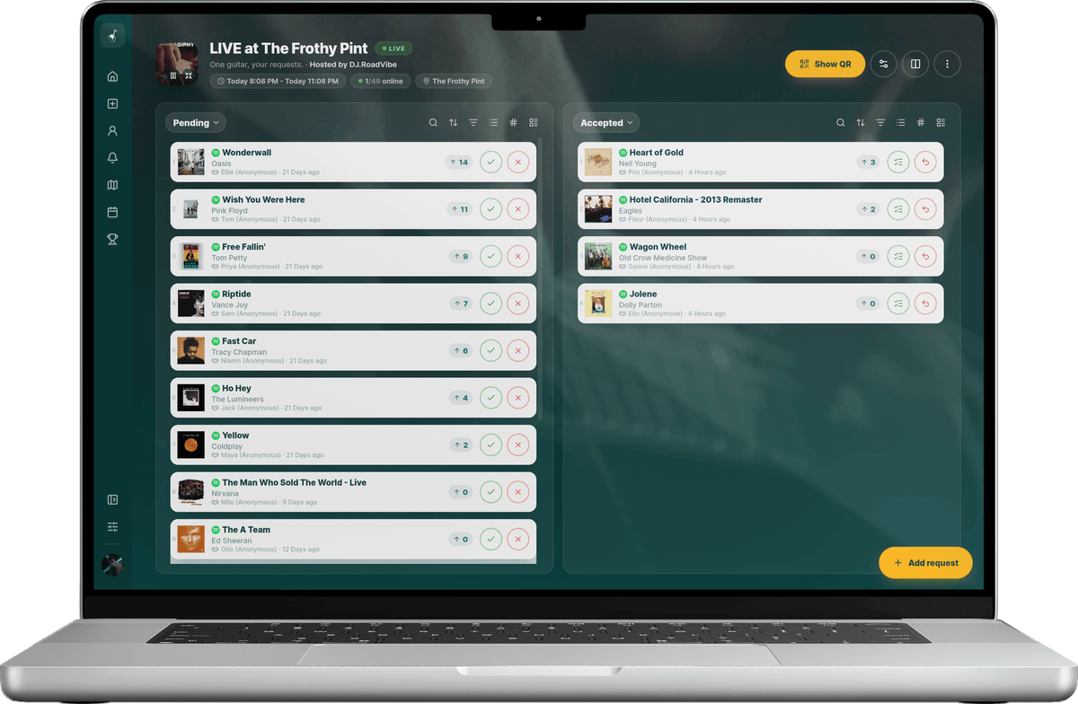 The Rekwest app shown on a MacBook