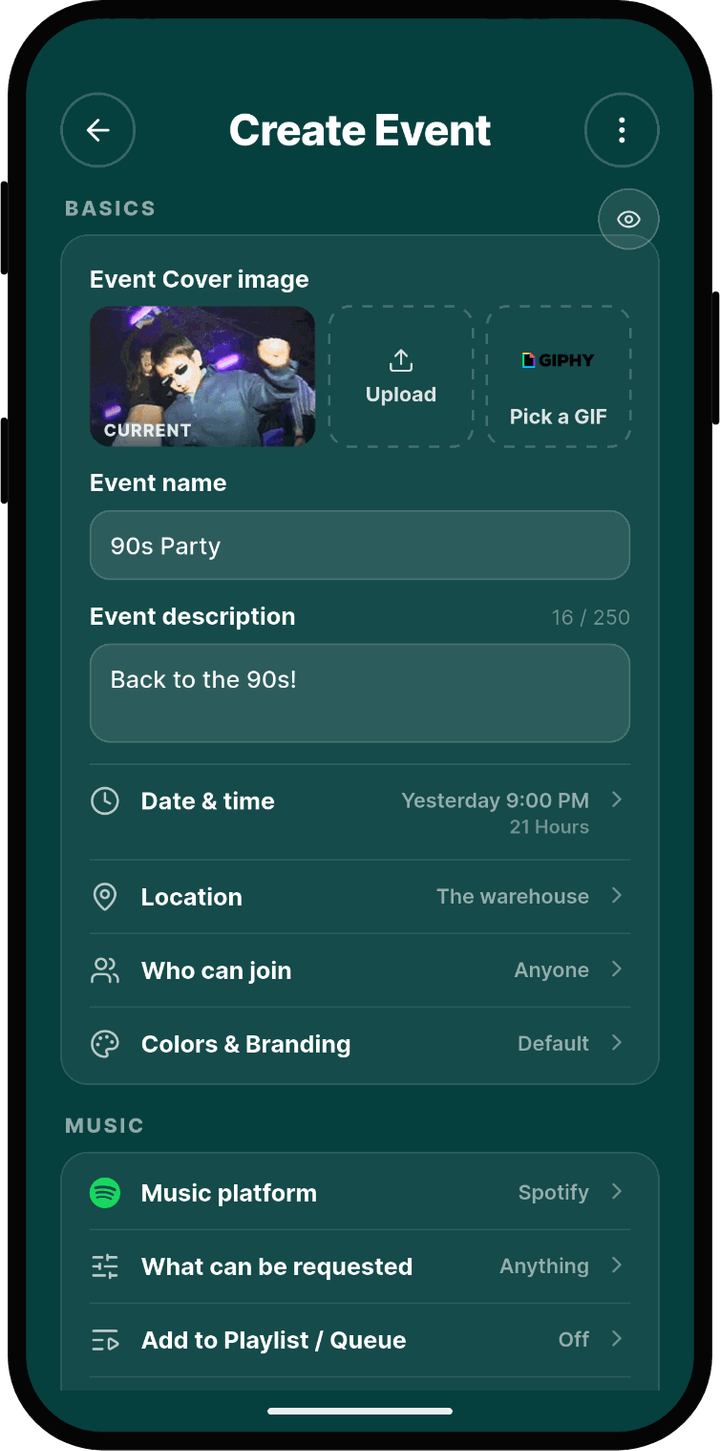 Rekwest 'Create Event' screen with name, cover image, duration and privacy settings