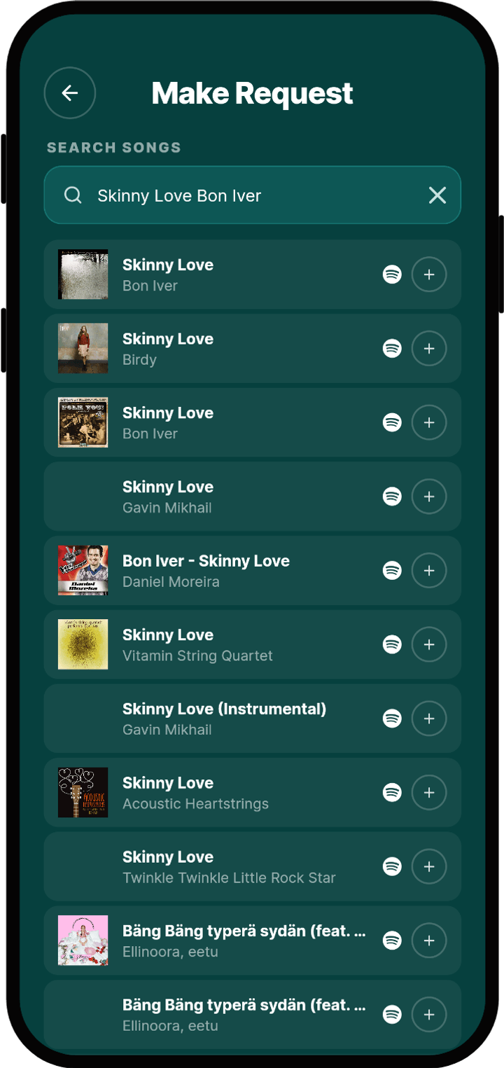 Rekwest 'Create request' screen searching Spotify for songs to request