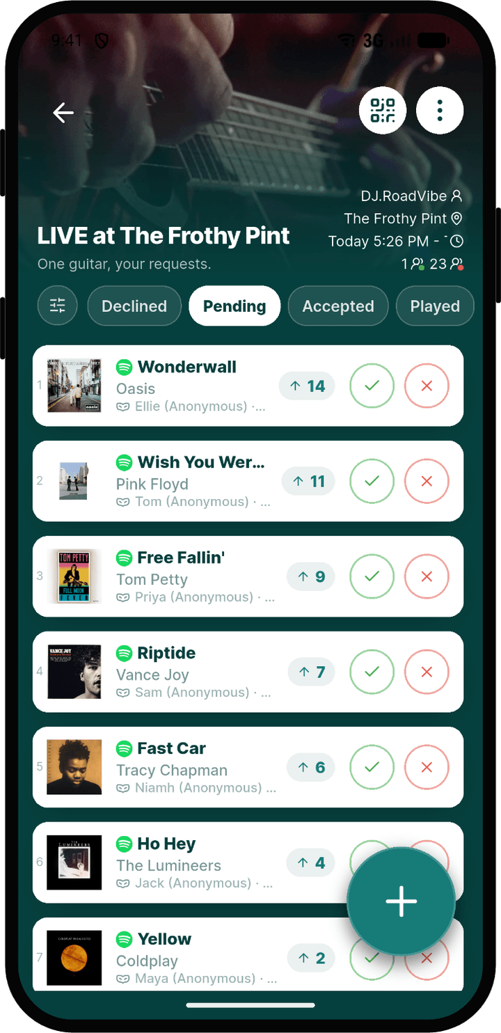 Rekwest event screen with guests upvoting and downvoting pending song requests