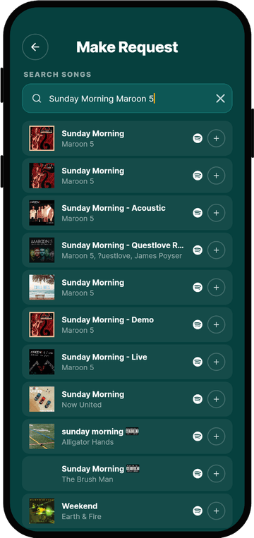 Rekwest 'Create request' screen searching Spotify for songs to request