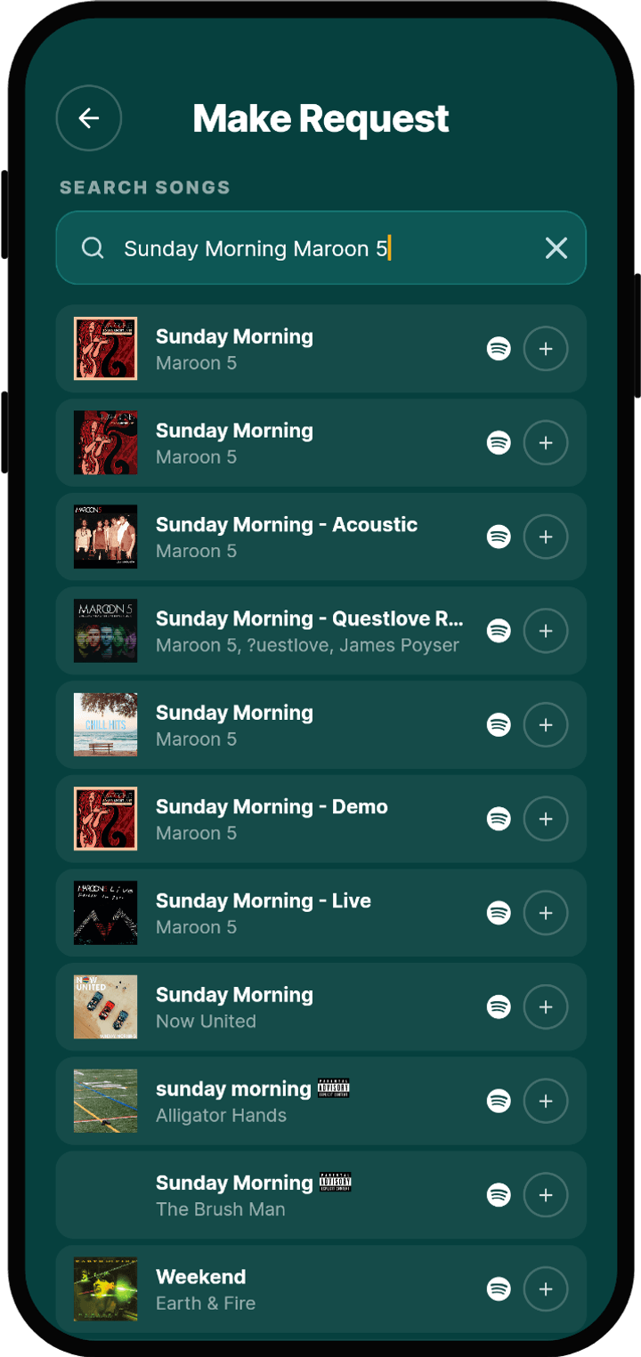 Rekwest 'Create request' screen searching Spotify for songs to request