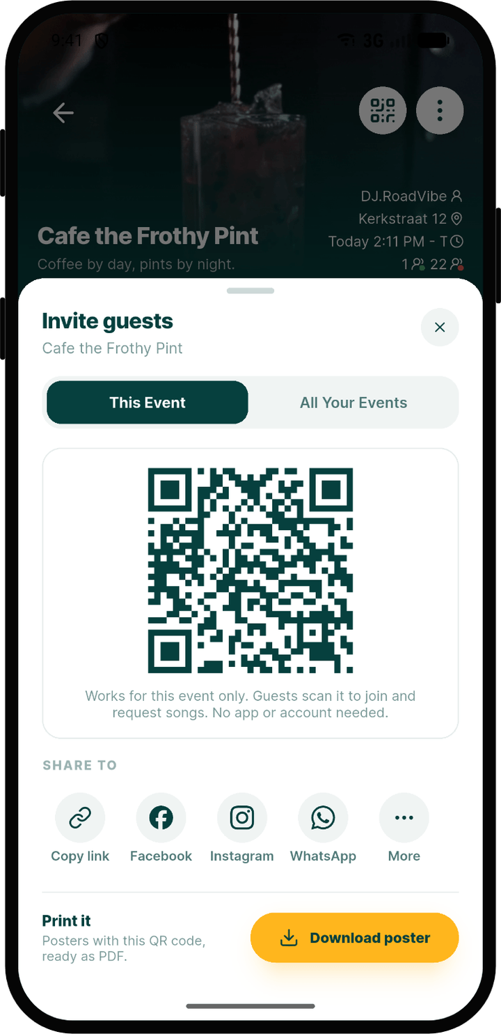 Invite guests sheet with the event QR code