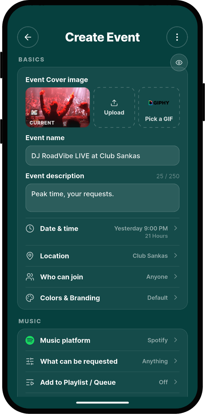 Rekwest 'Create Event' screen with name, cover image, duration and privacy settings