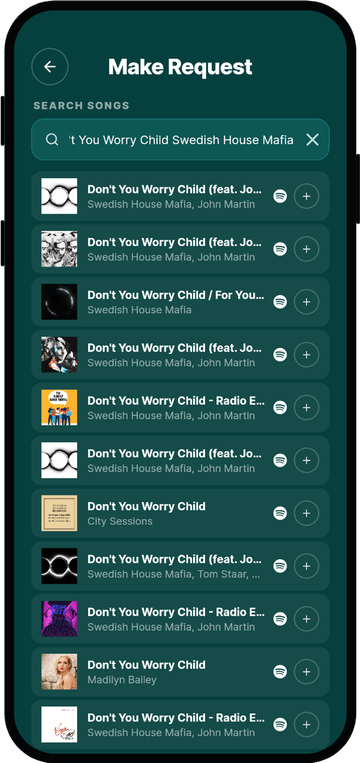 Rekwest 'Create request' screen searching Spotify for songs to request