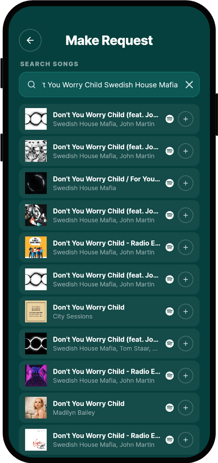Rekwest 'Create request' screen searching Spotify for songs to request