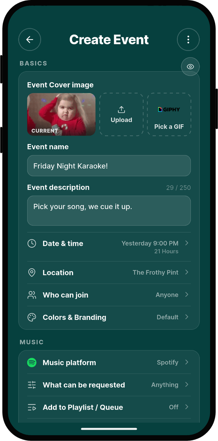 Rekwest 'Create Event' screen with name, cover image, duration and privacy settings