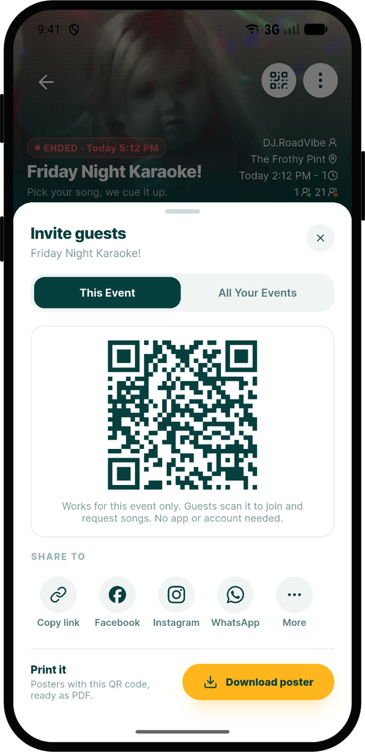 Invite guests sheet with the event QR code