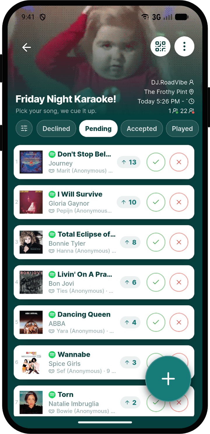 Rekwest event screen with guests upvoting and downvoting pending song requests