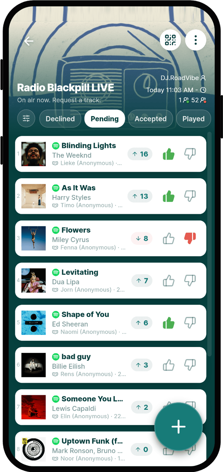 Guest view of song requests with upvotes