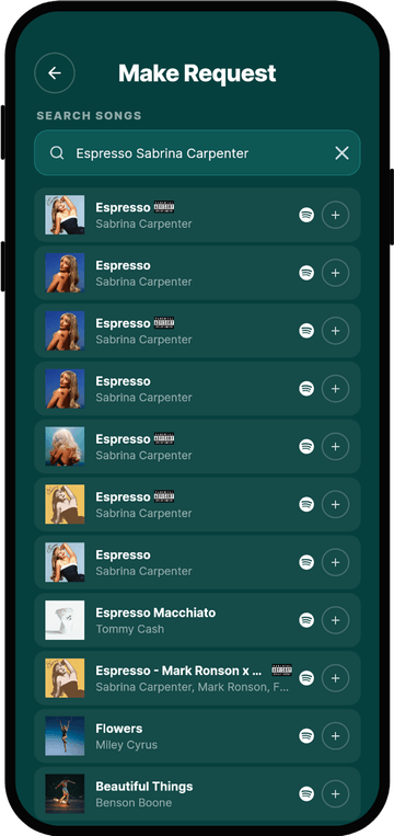 Rekwest 'Create request' screen searching Spotify for songs to request