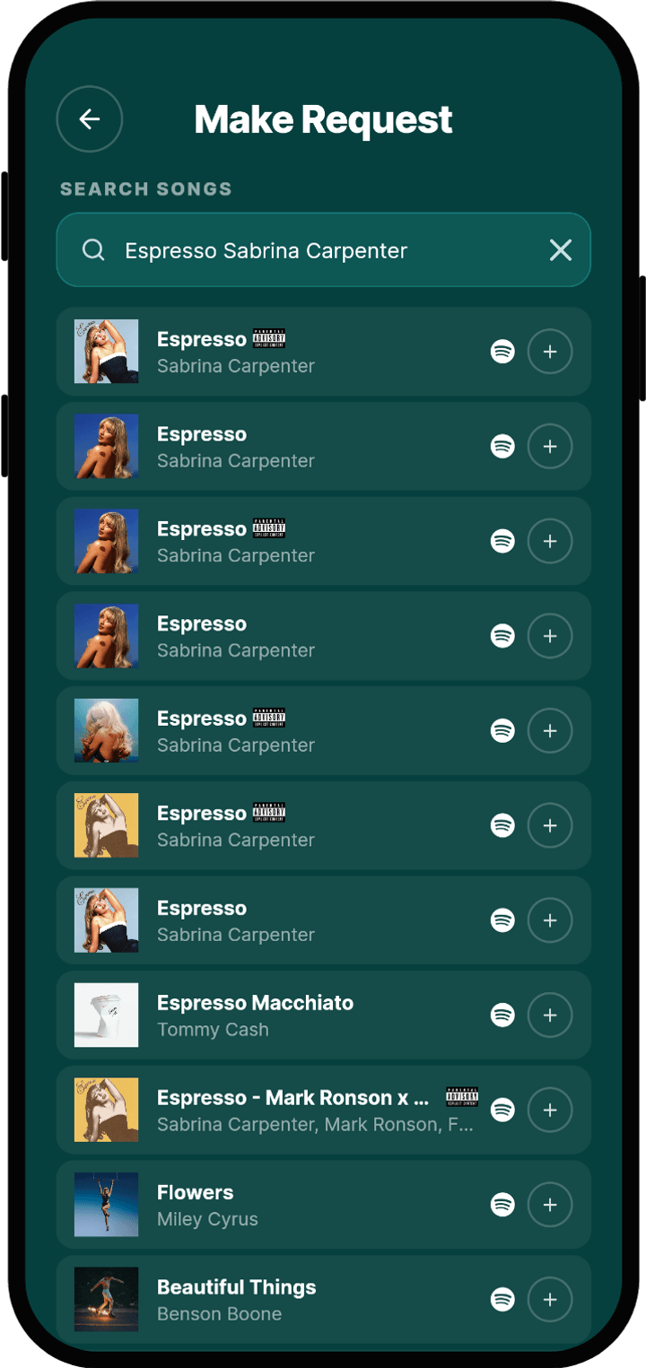 Rekwest 'Create request' screen searching Spotify for songs to request