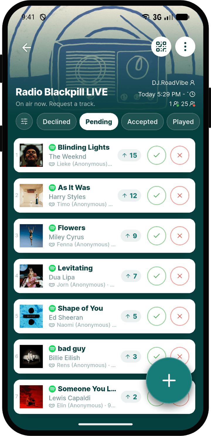 Rekwest event screen with guests upvoting and downvoting pending song requests