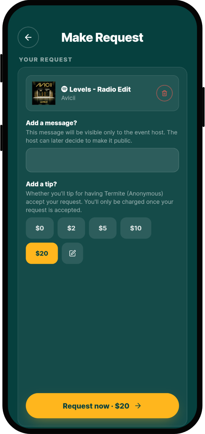 Guest adding a tip to a song request