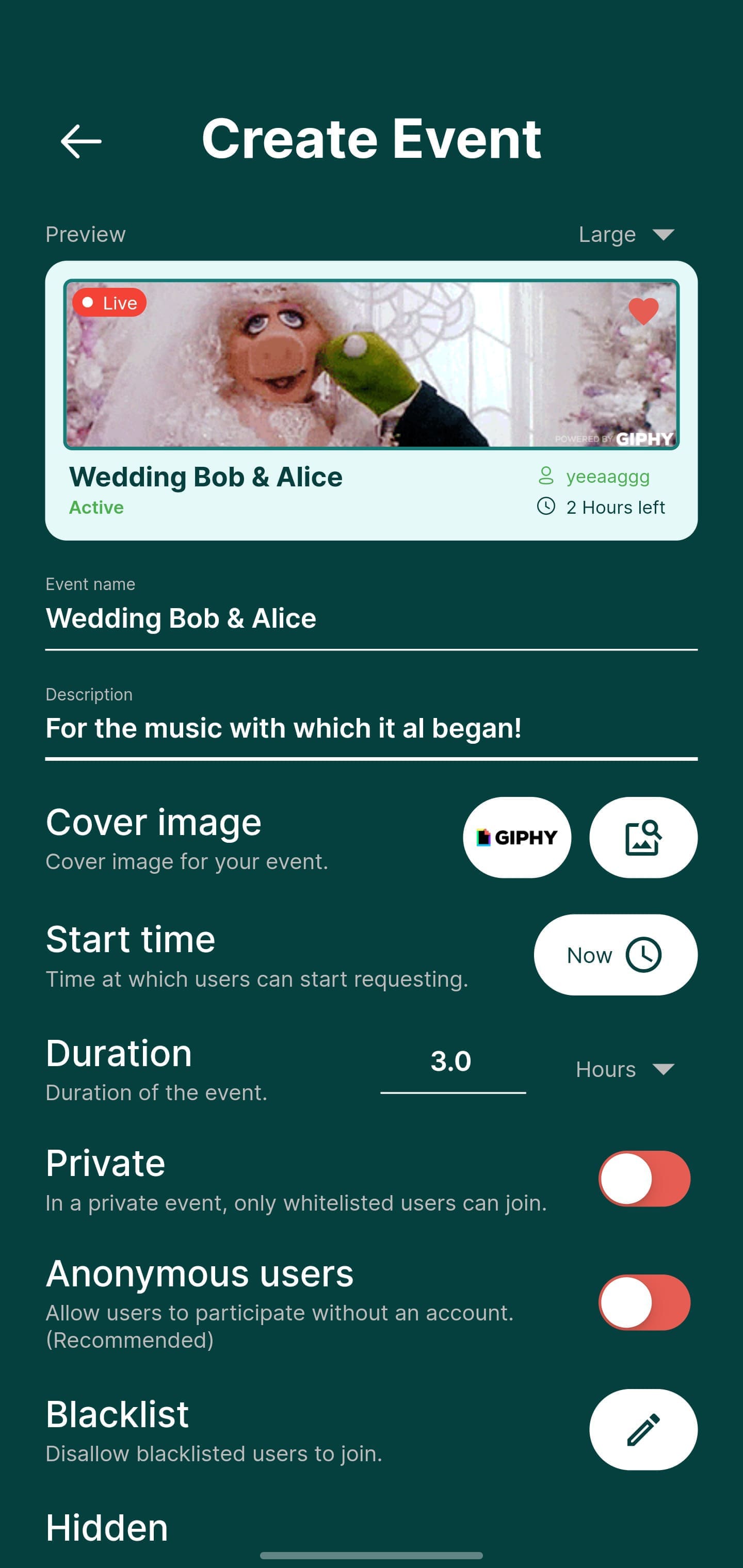 Rekwest 'Create Event' screen with name, cover image, duration and privacy settings