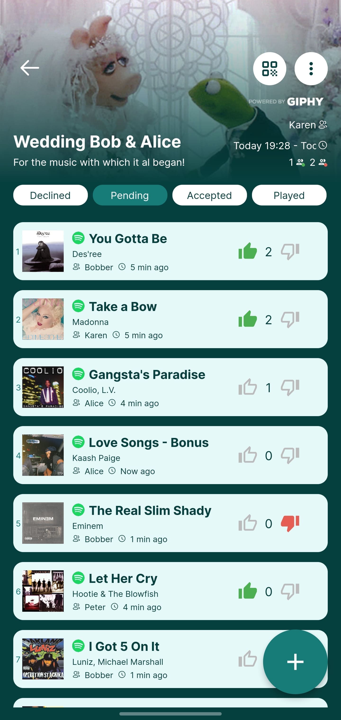Rekwest event screen with guests upvoting and downvoting pending song requests